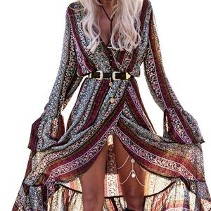Elegant Multicolor Long Sleeve Maxi Dress